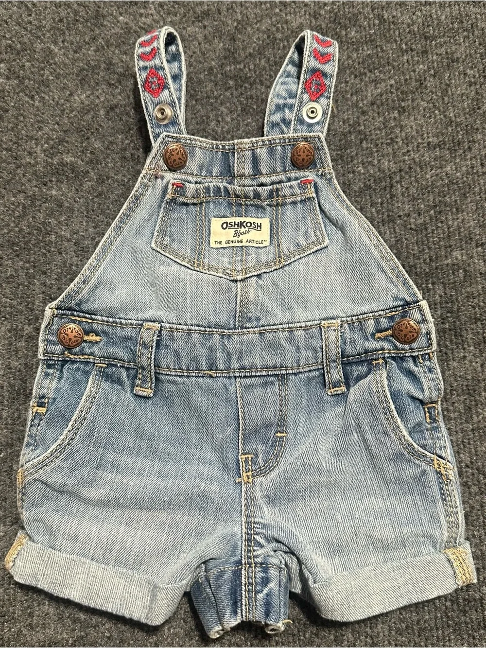 OshKosh B'gosh Light Blue Baby Denim Overalls with Red Embroidery